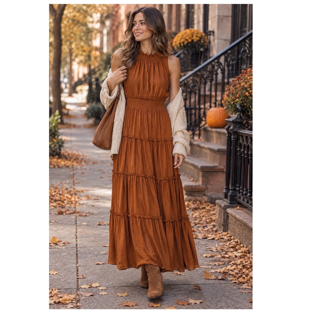 NWT Taylor Rust Orange Tiered Maxi Dress Smocked Waist Ruffle Halter Size 10